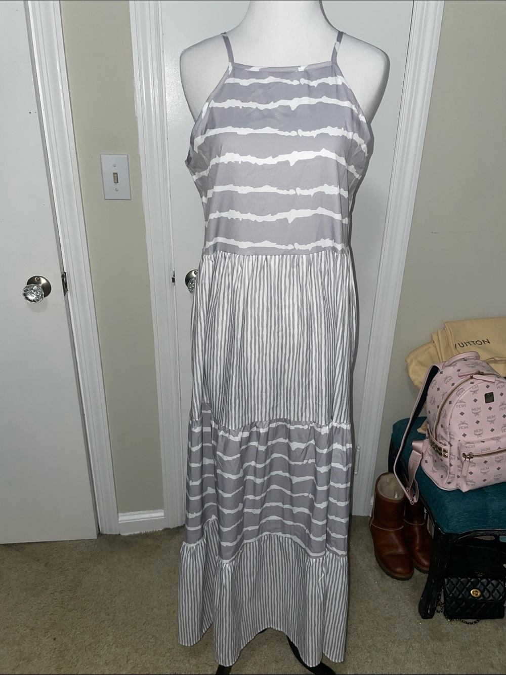 Sleeveless Gray & White Striped Maxi Dress